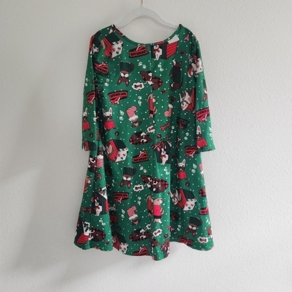 AMY BYER Small 7/8 Girl Green Festive Dogs Jersey Knit Holiday Dress Christmas